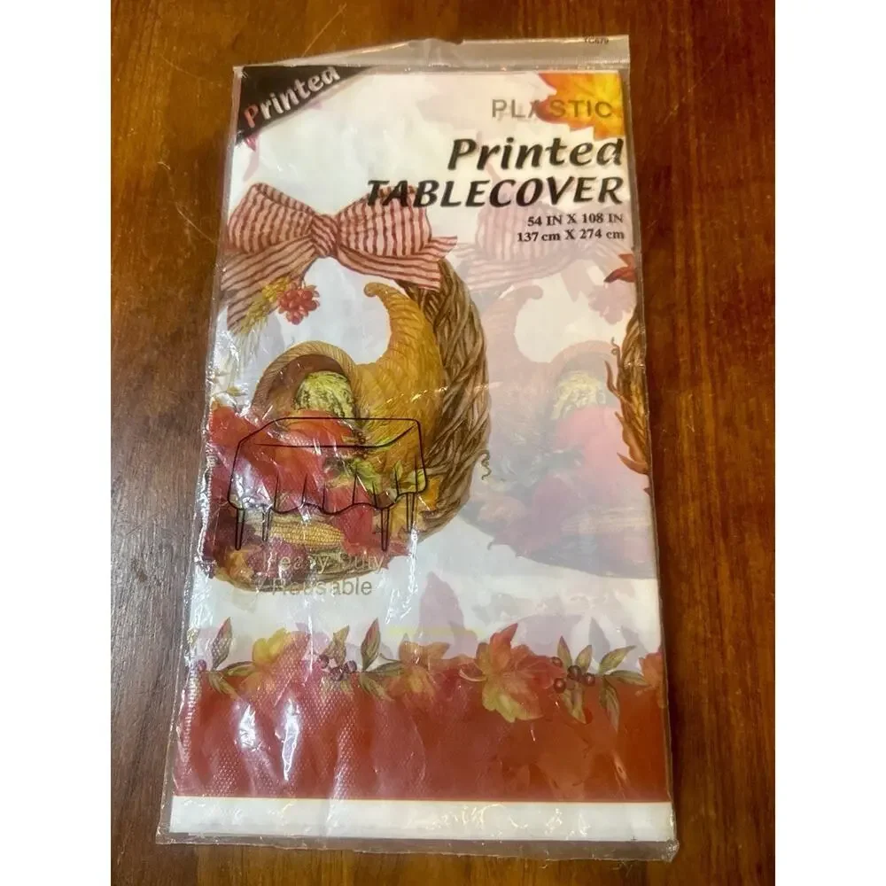 Vintage NOS Flomo Thanksgiving Plastic Tablecloth Cornucopia 54x108 Sealed